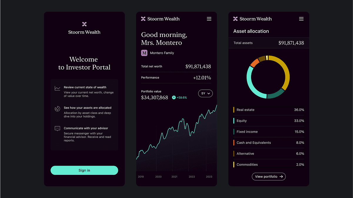 Three mobile screens of a wealth investor portal