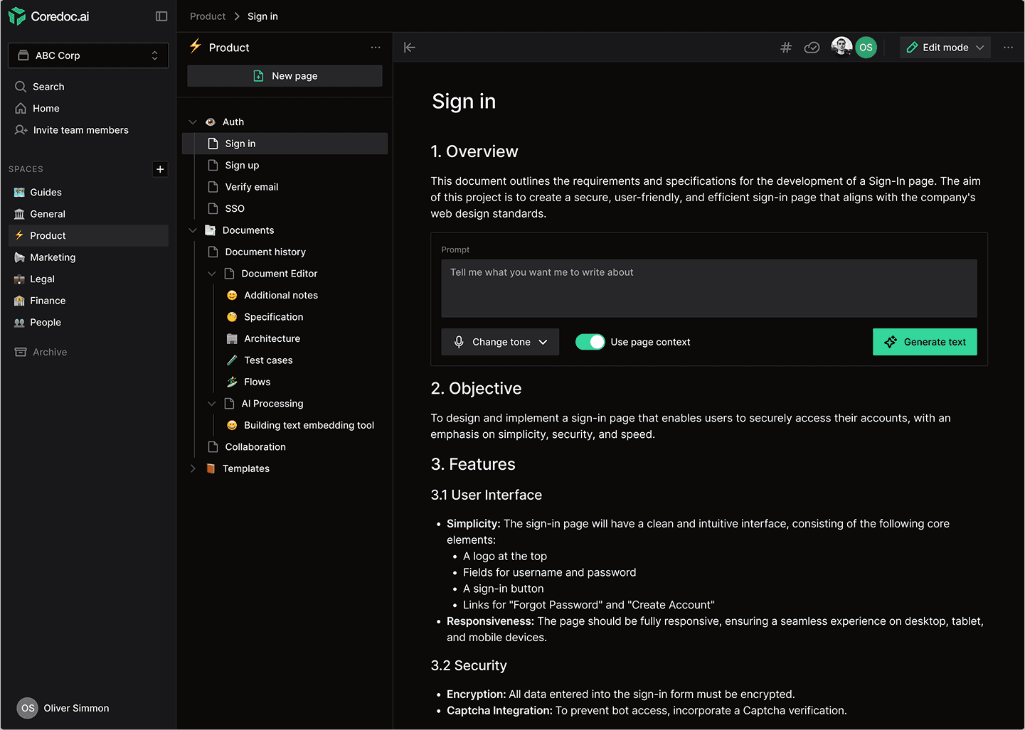 AI knowledge base with document tree and writing prompt
