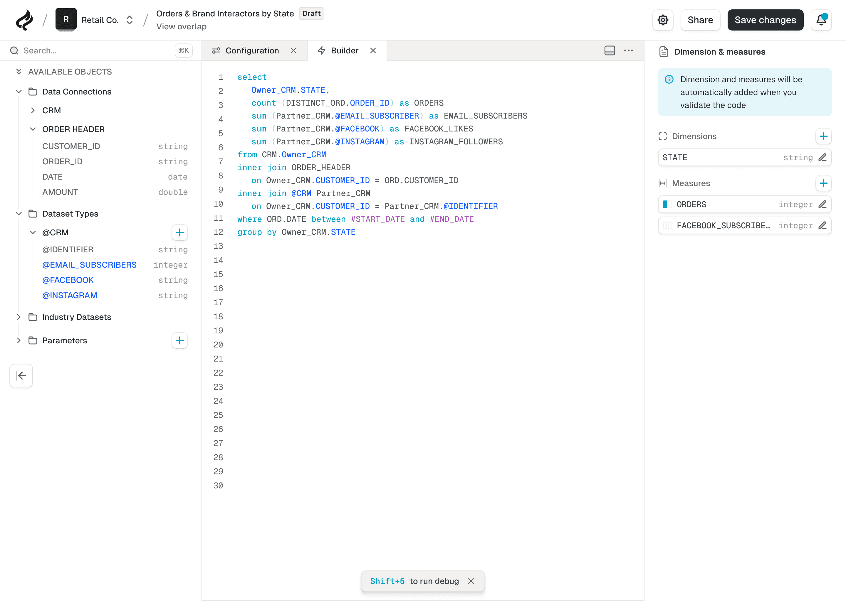Dataset builder with a SQL editor, data sources tree and dimensions panel