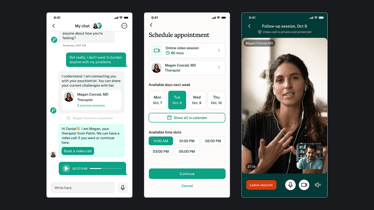 Therapy chat, scheduling and video session screens